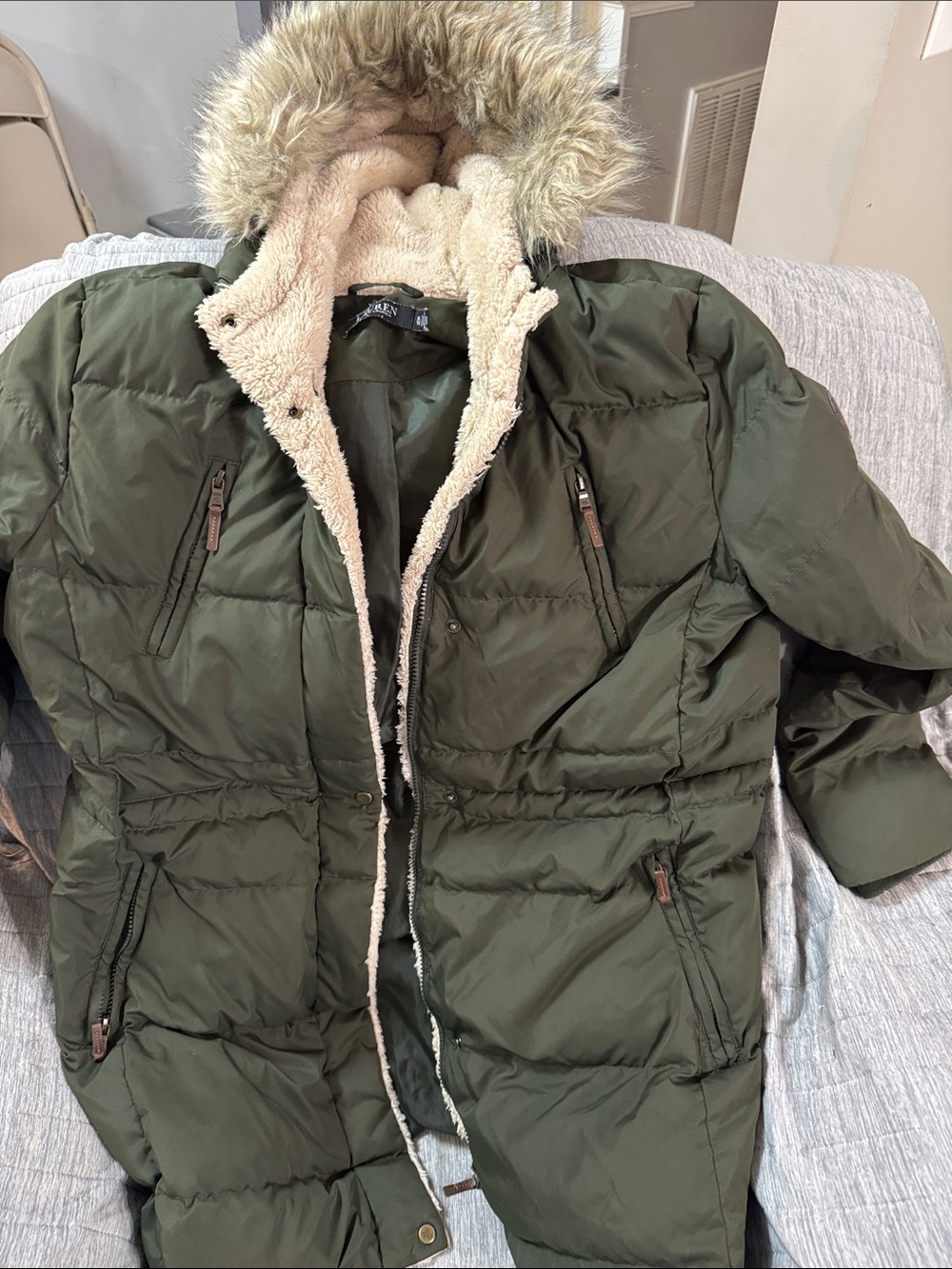 Polo by Ralph Lauren Olive Green Puffer Coat with Faux Fur Hood